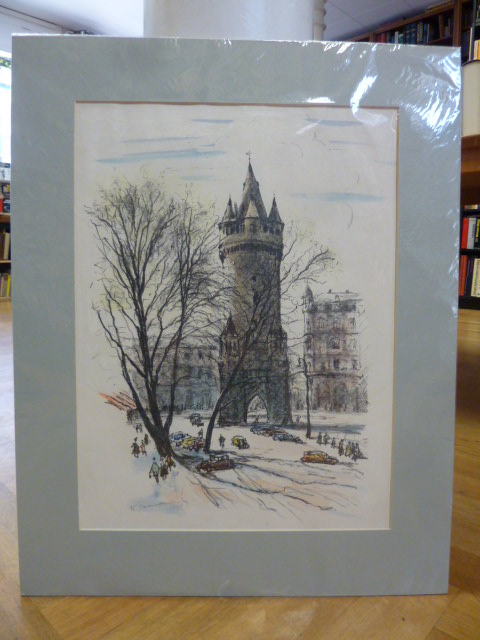 Tomforde, handkolorierte original Lithographie Eschenheimer Turm von 1938, Tomforde, handkolorierte original Lithographie Eschenheimer Turm von 1938,