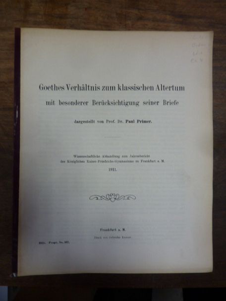 Goethe/Primer, Goethes Verhältnis zum klassischen Altertum mit besonderer Berück