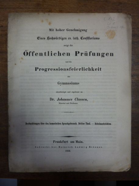 Classen, Johannes, Teil 1: Beobachtungen über den homerischen Sprachgebrauch, Dr Classen, Johannes, Teil 1: Beobachtungen über den homerischen Sprachgebrauch, Dr