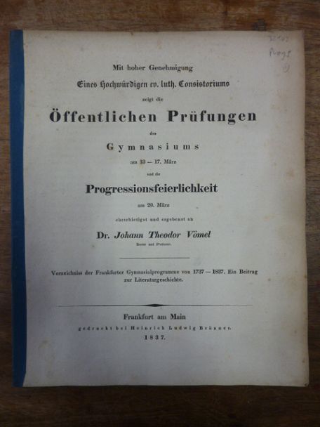 Vömel, Verzeichnis der Frankfurter Gymnasialprogramme von 1737 – 1837 – Ein Beit