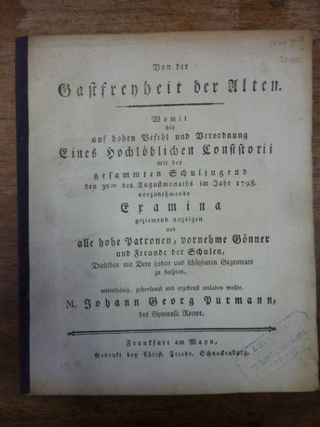 Purmann, Von der Gastfreyheit der Alten – Womit die auf hohen Befehl und Verordn