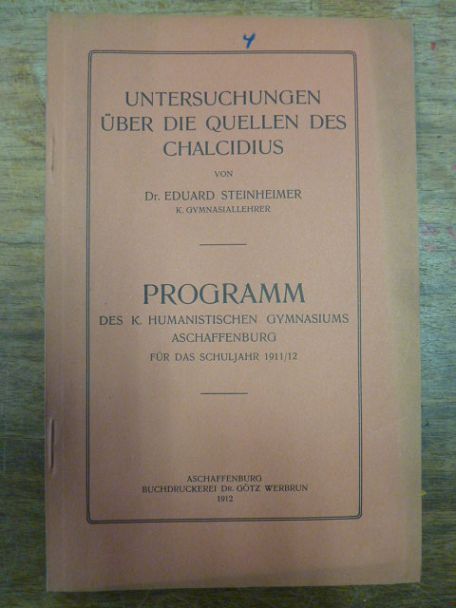 Chalcidius / Steinheimer, Untersuchungen über die Quellen des Chalcidius,