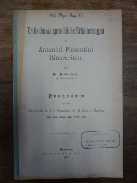 Plautus / Wollner, Kritische und sprachliche Erläuterungen zu Antonini Placentin