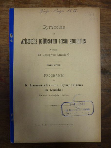Aristoteles / Amsdorf, Symbolae ad Aristotelis politicorum crisin spectantes,