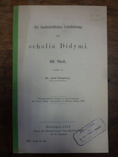 Schimberg, Zur handschriftlichen Ueberlieferung der scholia Didymi –