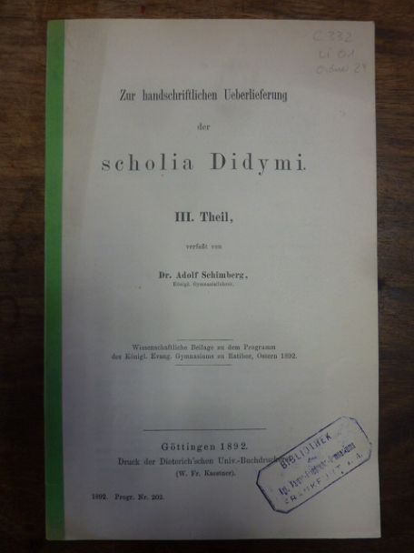 Schimberg, Zur handschriftlichen Ueberlieferung der scholia Didymi – Schimberg, Zur handschriftlichen Ueberlieferung der scholia Didymi –