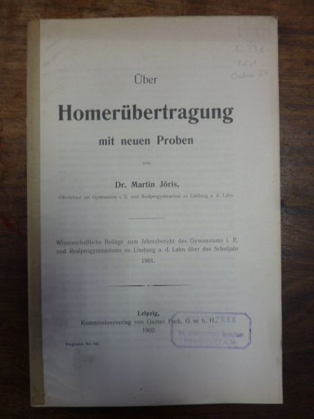 Jöris, Über Homerübertragung mit neuen Proben, Jöris, Über Homerübertragung mit neuen Proben,