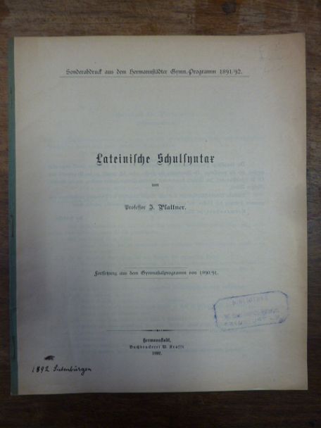 Plattner, Lateinische Schulsyntax