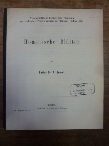 Gemoll, Homerische Blätter II, Gemoll, Homerische Blätter II,