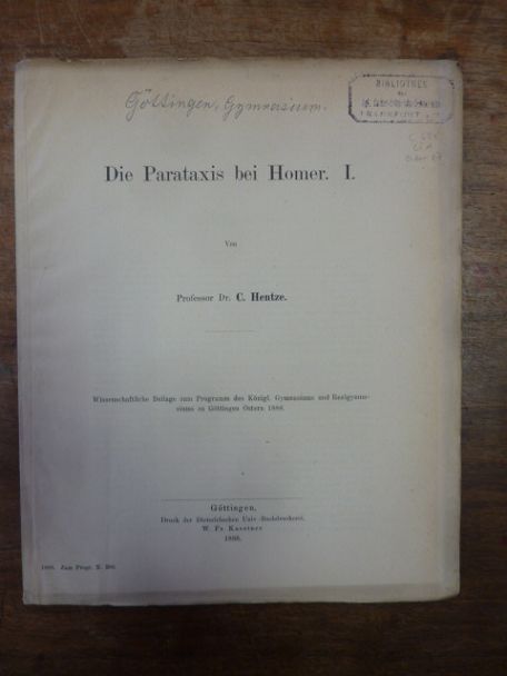 Hentze, Die Parataxis bei Homer – I., Hentze, Die Parataxis bei Homer – I.,