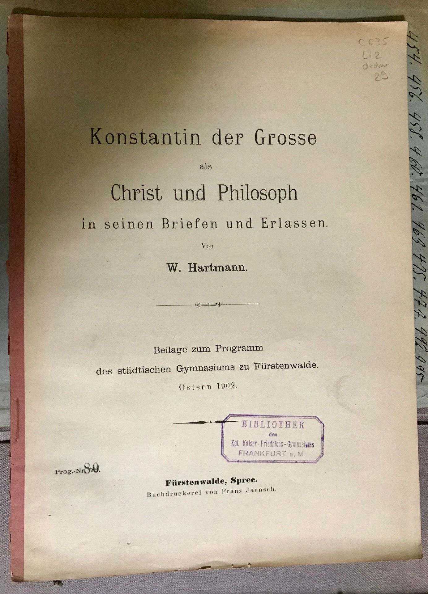 Hartmann, Konstantin der Grosse als Christ und Philosoph in seinen Briefen und E