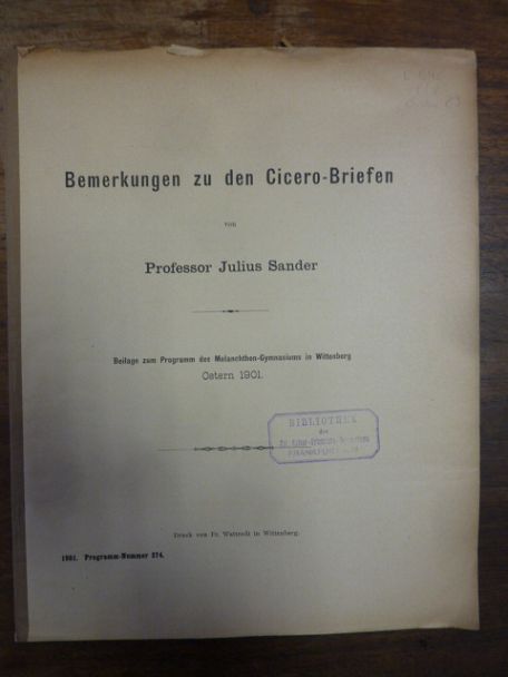 Sander, Bemerkungen zu den Cicero-Briefen, Sander, Bemerkungen zu den Cicero-Briefen,