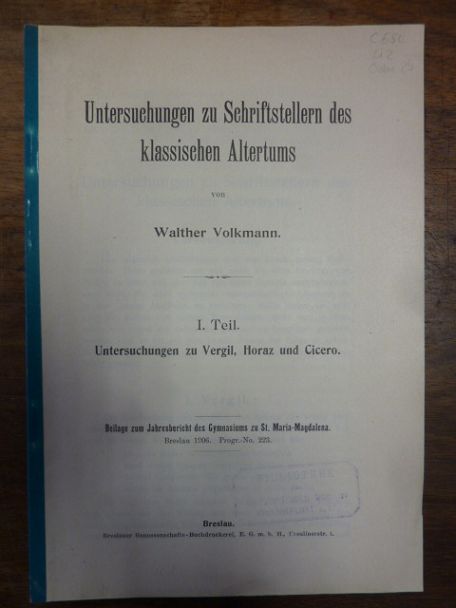 Volkmann, Untersuchungen zu Schriftstellern des klassischen Altertums – I. Teil: