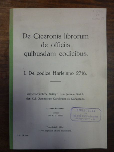 Atzert, De Ciceronis librorum de officiis quibusdam codicibus – I. De codice Har