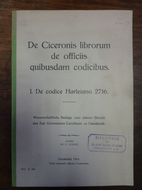 Atzert, De Ciceronis librorum de officiis quibusdam codicibus – I. De codice Har Atzert, De Ciceronis librorum de officiis quibusdam codicibus – I. De codice Har
