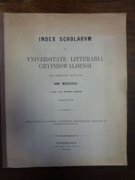 Atzert, Index scholarum in Universitate Litteraria Gryphiswaldensi Per Semestre Atzert, Index scholarum in Universitate Litteraria Gryphiswaldensi Per Semestre