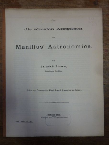 Cramer, Über die ältesten Ausgaben von Manilius` Astronomica.,