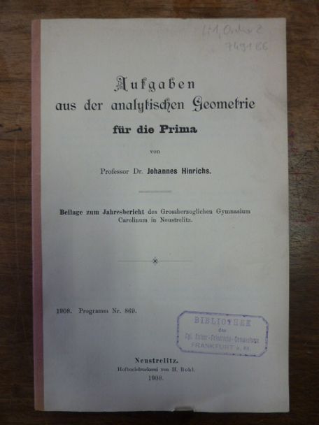 Hinrichs, Aufgaben aus der analytischen Geometrie für die Prima, Hinrichs, Aufgaben aus der analytischen Geometrie für die Prima,