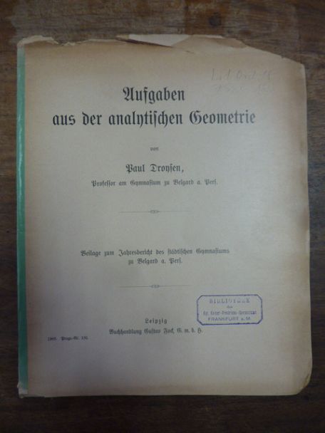 Droysen, Aufgaben aus der analytischen Geometrie, Droysen, Aufgaben aus der analytischen Geometrie,