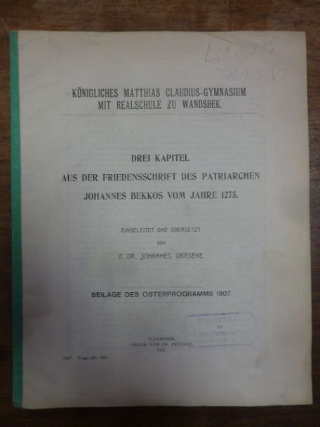 Johannes, Drei Kapitel aus der Friedensschrift des Patriarchen Johannes Bekkos v Johannes, Drei Kapitel aus der Friedensschrift des Patriarchen Johannes Bekkos v