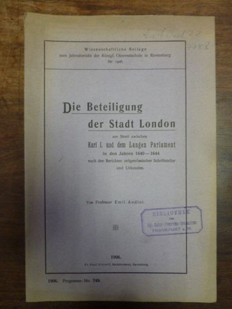 Andler, Die Beteiligung der Stadt London am Streit zwischen Karl I. und dem Lang Andler, Die Beteiligung der Stadt London am Streit zwischen Karl I. und dem Lang