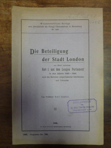 Andler, Die Beteiligung der Stadt London am Streit zwischen Karl I. und dem Lang